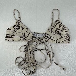 Rationalle Brown Cream Abstract Linen Tie Front Halter Strappy Bikini Top Small